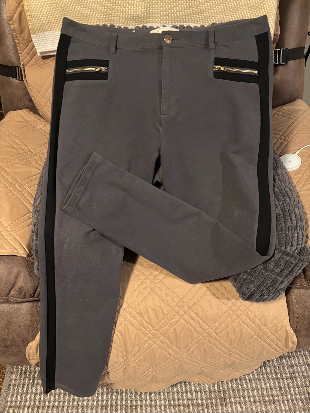 Nicki Minaj Gray Stretch Chinos with Black Side Stripe and Gold Zippers